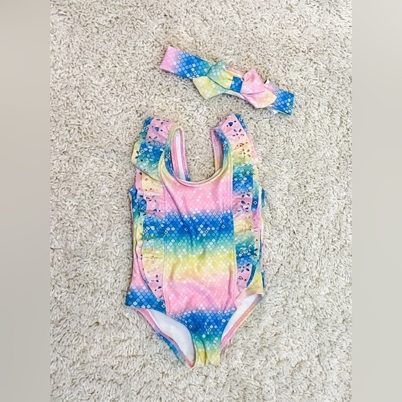 Hurley | Baby Girl Multicolored Mermaid Print Swimsuit & Matching Bow - Picture 1 of 3